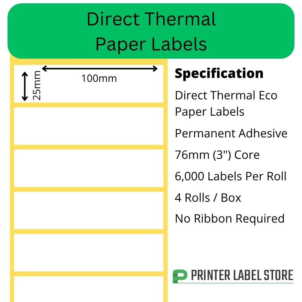 101.6 x 25.4mm Direct Thermal Labels - 76mm (3") core - Permanent adhesive for industrial label printers