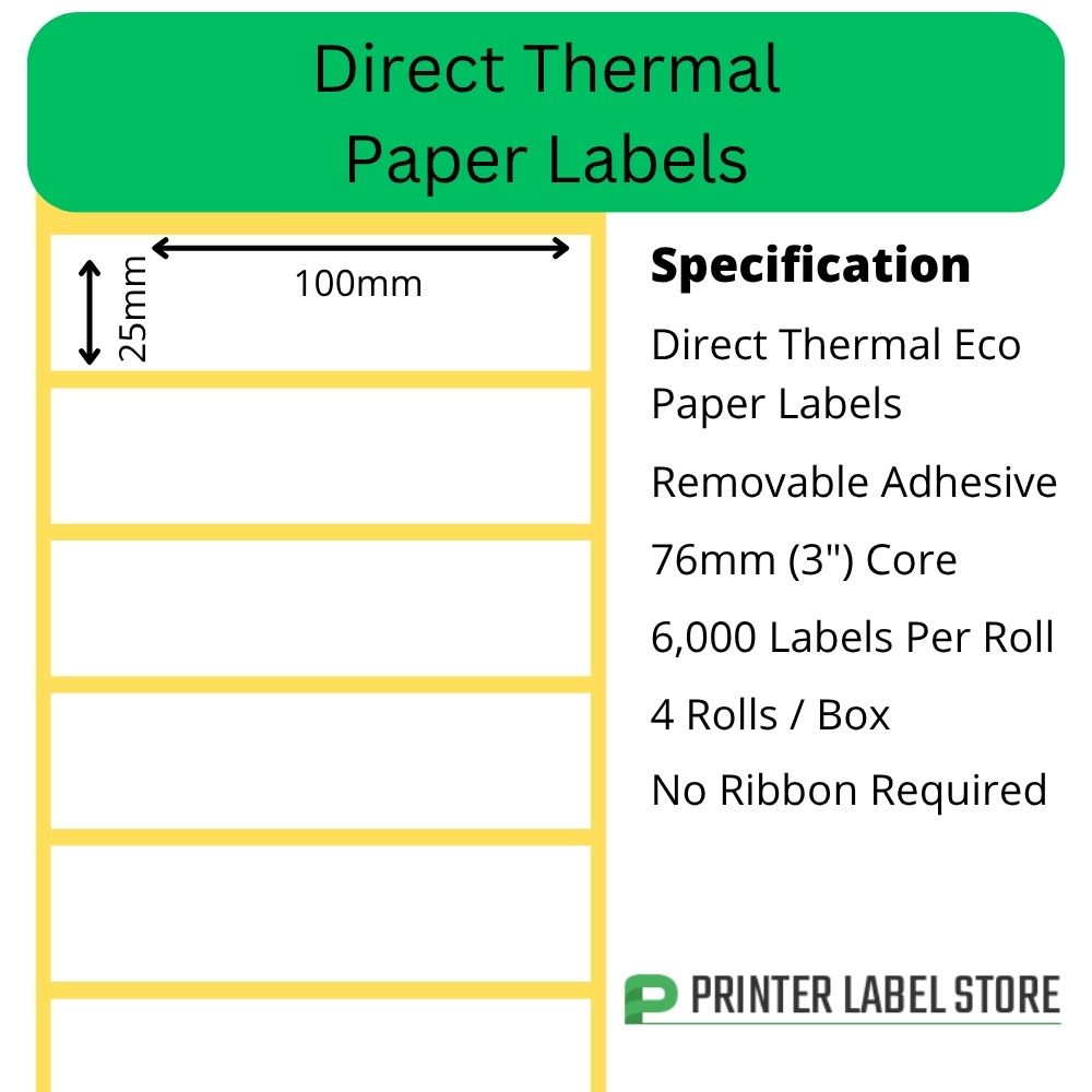 101.6 x 25.4mm Direct Thermal Labels - 76mm (3") core - removable adhesive for industrial label printers