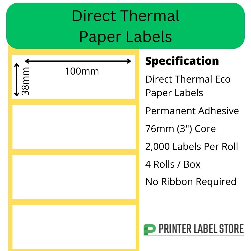 100 x 38mm Direct Thermal Labels - 8,000 Labels - 2,000 per roll - 76mm (3") core - Permanent Adhesive