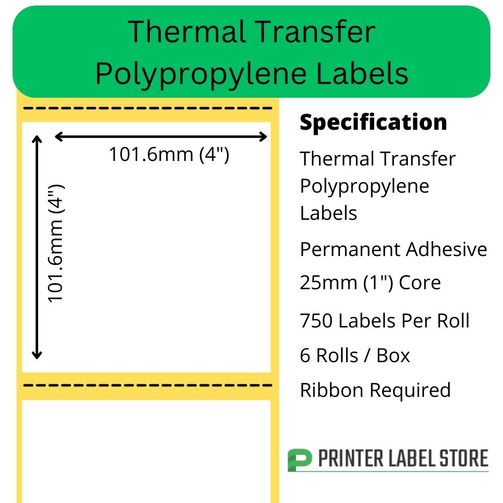 101.6 x 101.6mm thermal transfer gloss white polypropylene labels. Manufactured on 25mm (1") cores for desktop printers