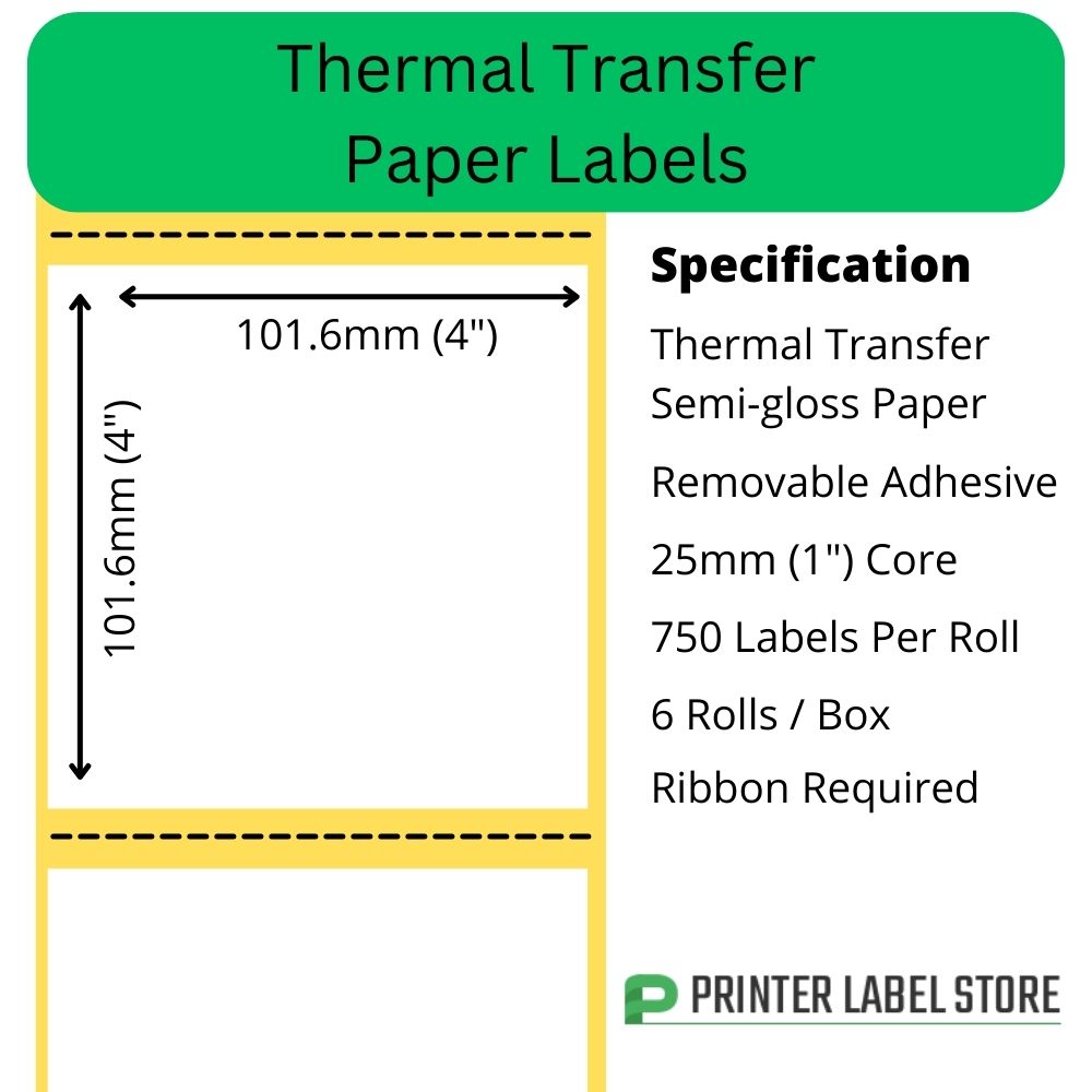 101.6 x 101.6mm semi-gloss thermal transfer labels - removable / peelable adhesive - 25mm (1") core for desktop label printers