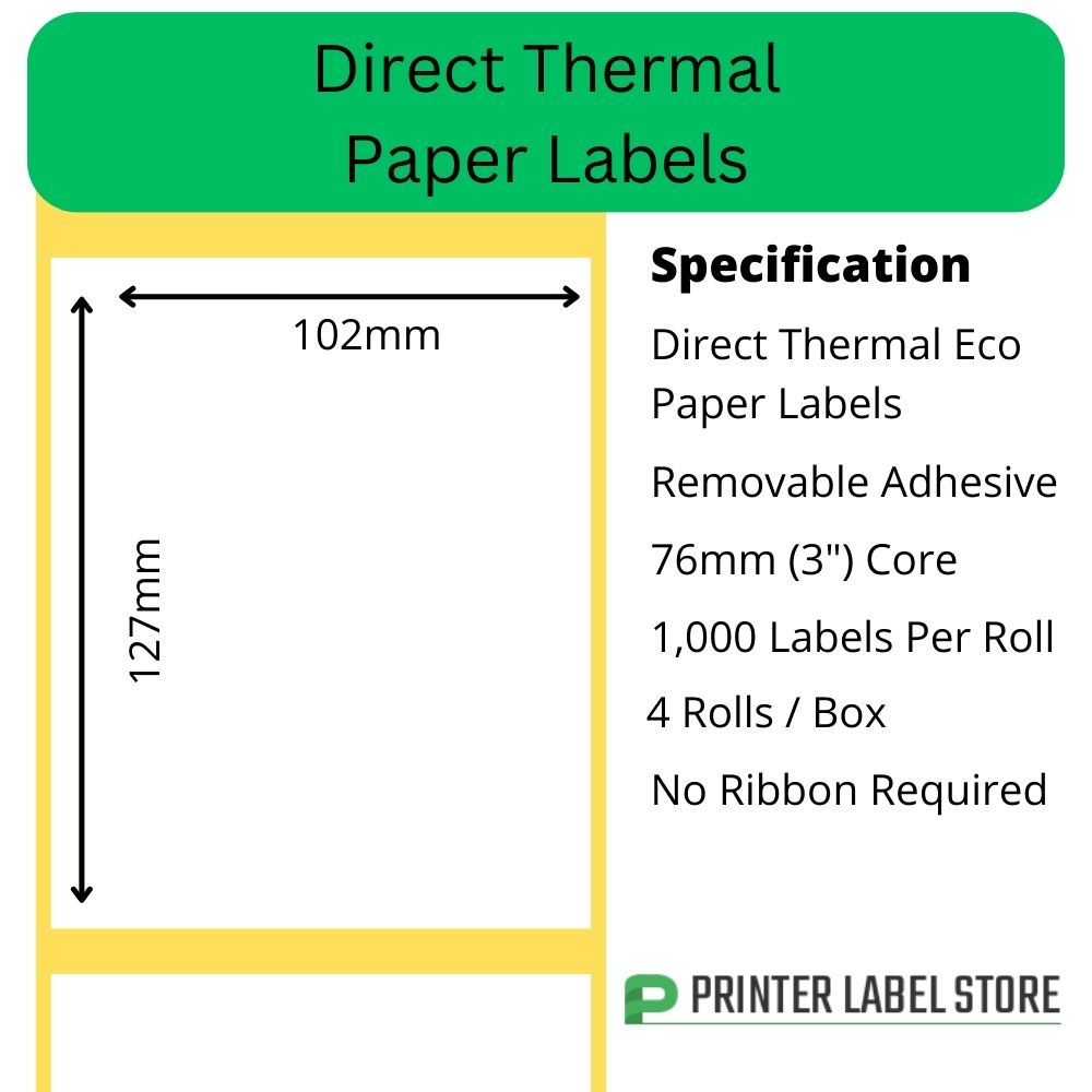 102 x 127mm direct thermal labels with a removable adhesive on 76mm (3") cores for industrial direct thermal label printers