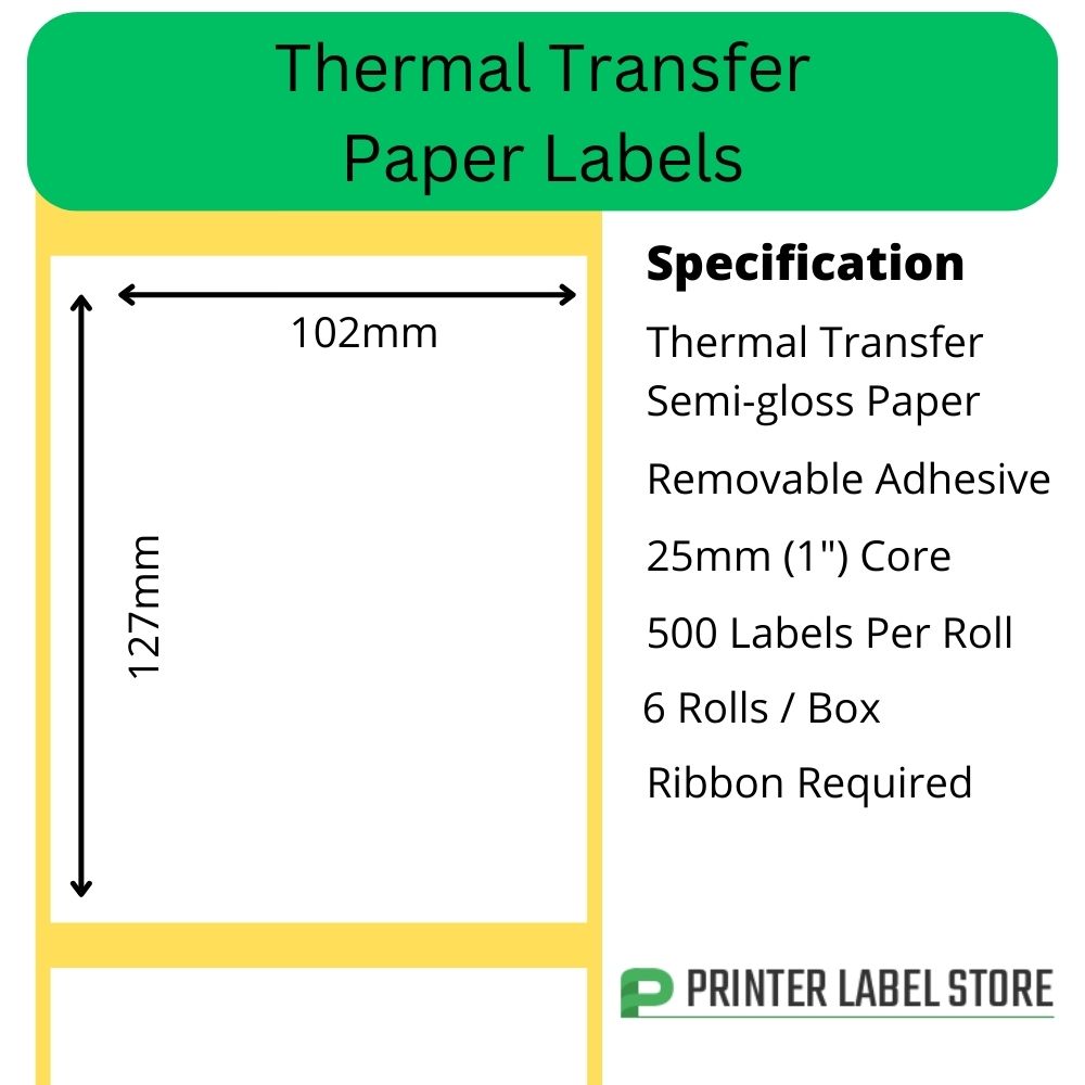 102 x 127mm thermal transfer labels - semi-gloss paper - removable adhesive on 25mm (1") cores