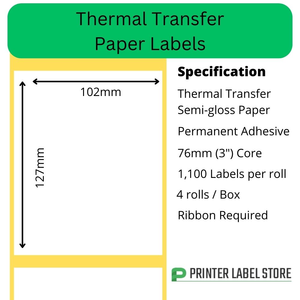 102 x 127mm thermal transfer labels - semi-gloss paper - permanent adhesive on 76mm (3") cores