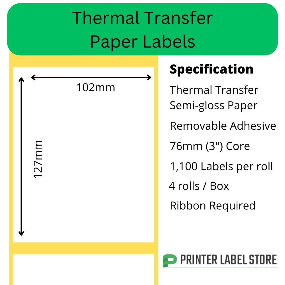 102 x 127mm thermal transfer labels - semi-gloss paper - removable adhesive on 76mm (3") cores