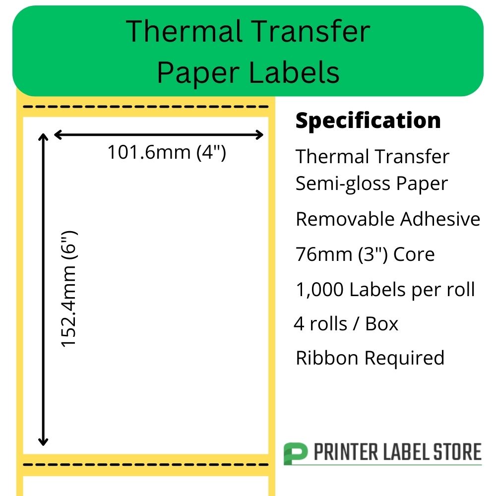 101.6 x 152.4mm Thermal Transfer Labels - Semi-Gloss Paper - Removable adhesive - 4,000 Labels - 1,000 per roll on 76mm (3") cores for Industrial Label Printers