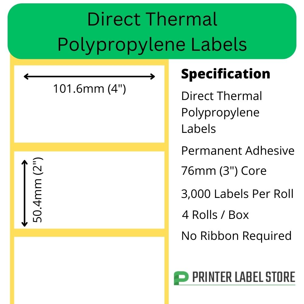 101.6 x 50.4mm Direct Thermal Polypropylene Labels - 76mm core