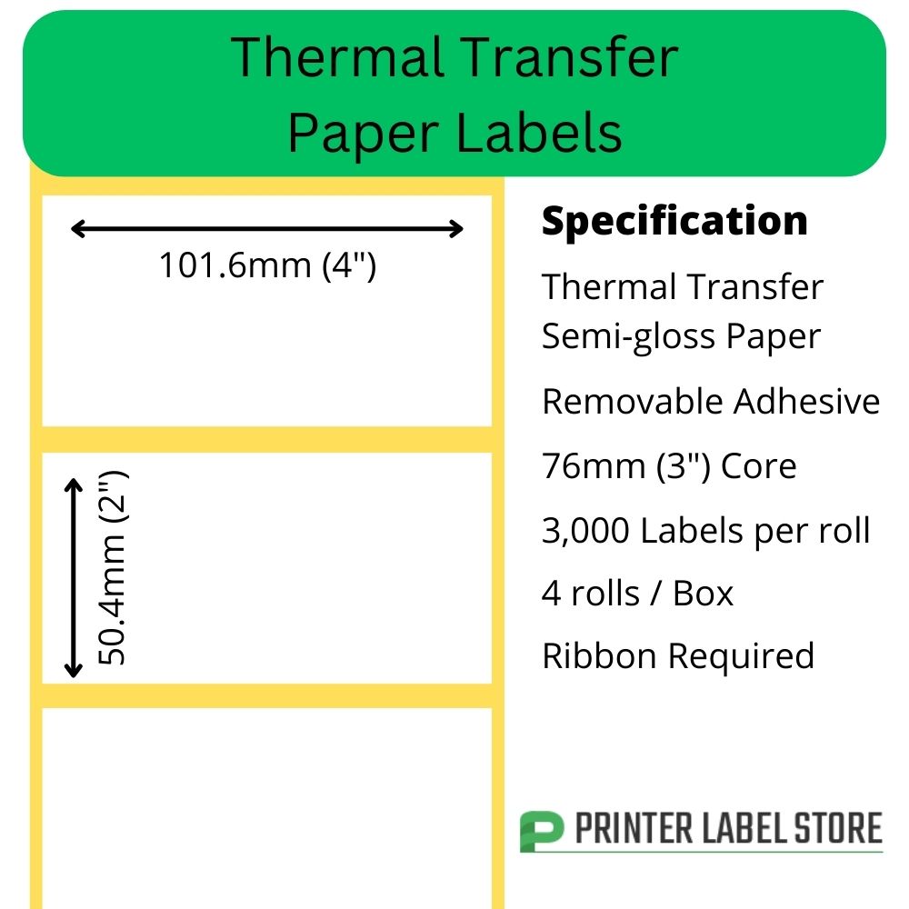 101.6 x 50.4mm Thermal Transfer Labels - Semi-Gloss Paper - Removable adhesive - 76mm cores