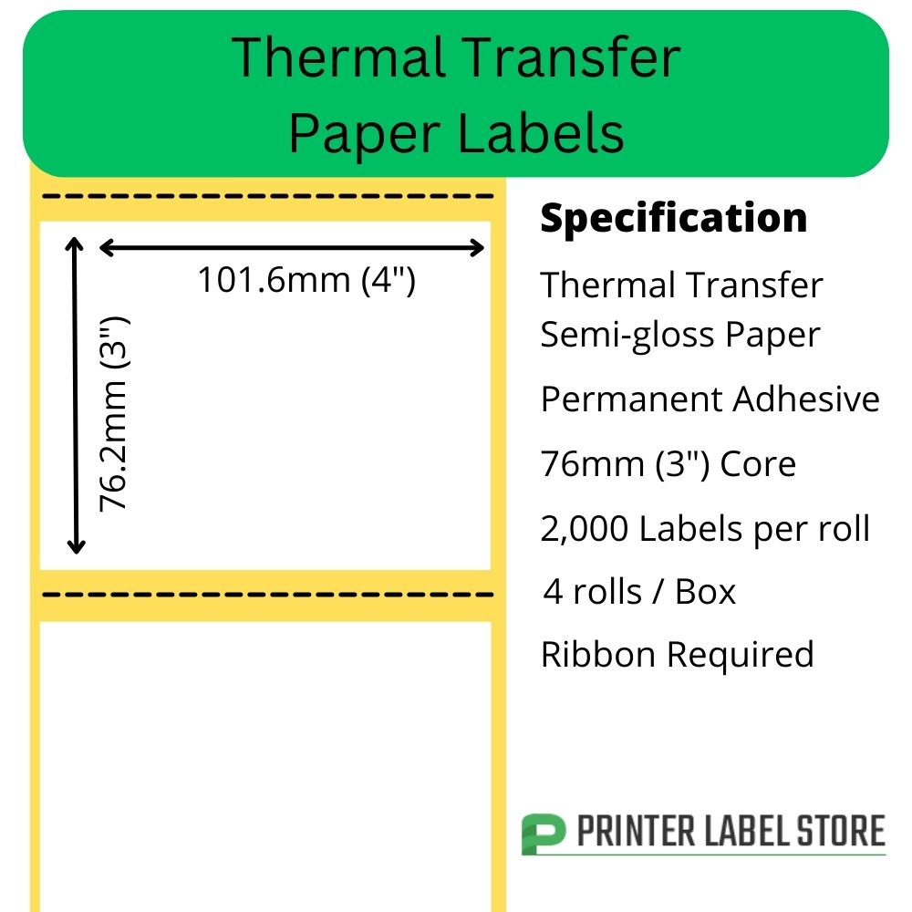 101.6 x 76.2mm Thermal Transfer Labels - Semi-Gloss Paper - Permanent adhesive - 76mm cores