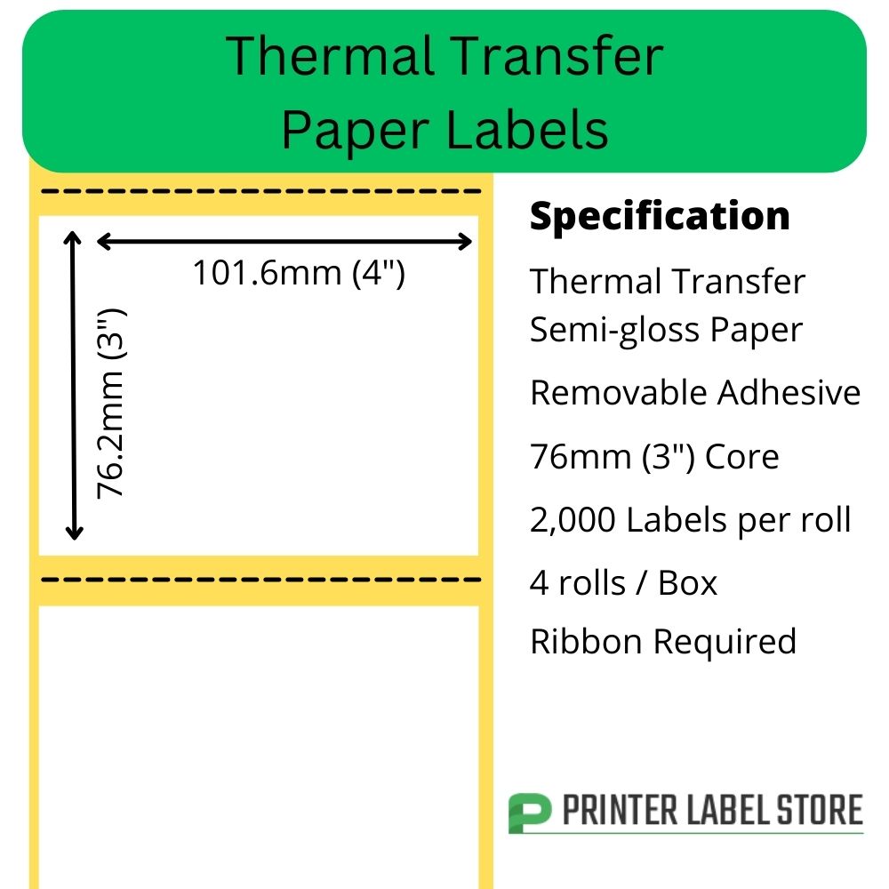 101.6 x 76.2mm Thermal Transfer Labels - Semi-Gloss Paper - Removable adhesive - 76mm cores