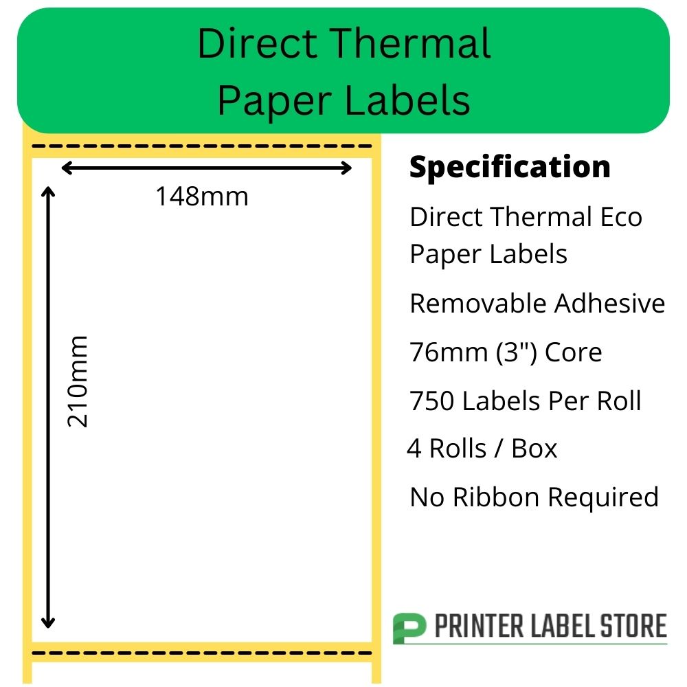 148 x 210mm Direct Thermal Labels - 76mm core - peelable / removable adhesive for 6" wide industrial direct thermal label printers