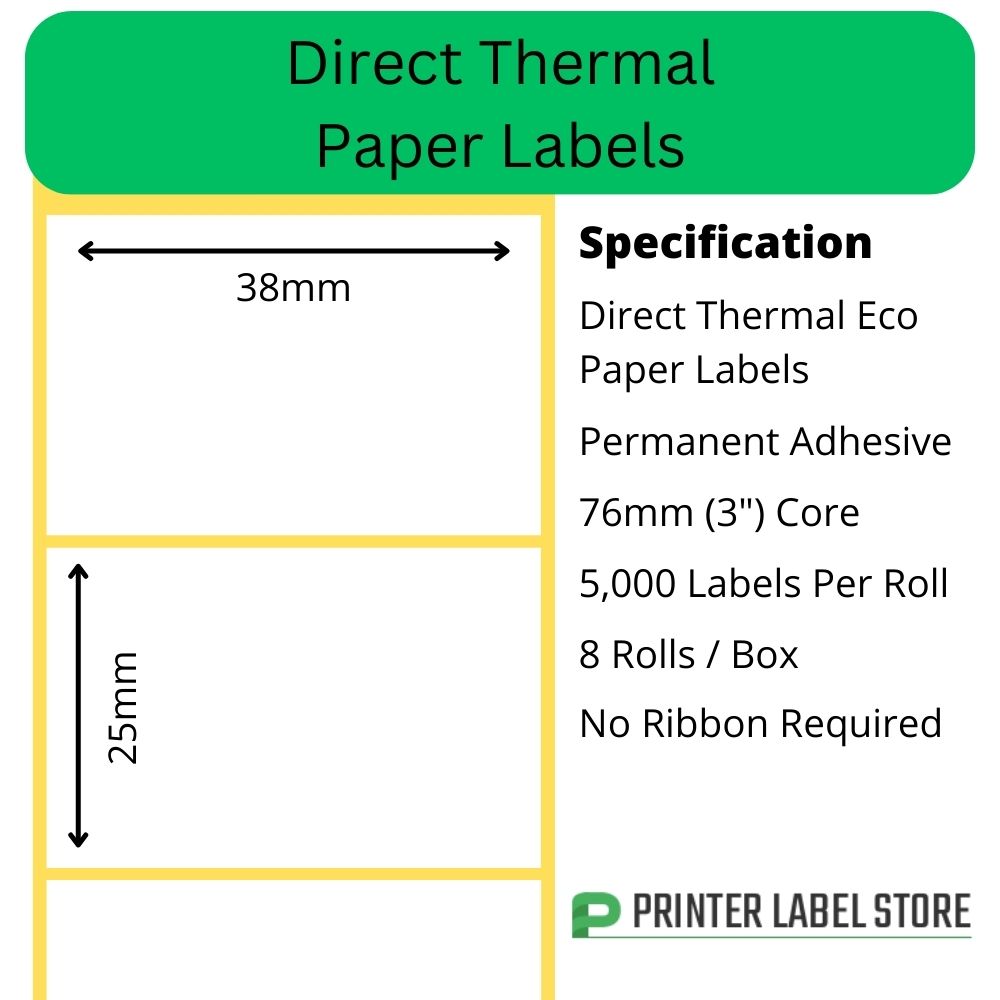 50 x 25mm direct thermal labels with a permanent adhesive on 76mm (3") cores for industrial direct thermal label printers