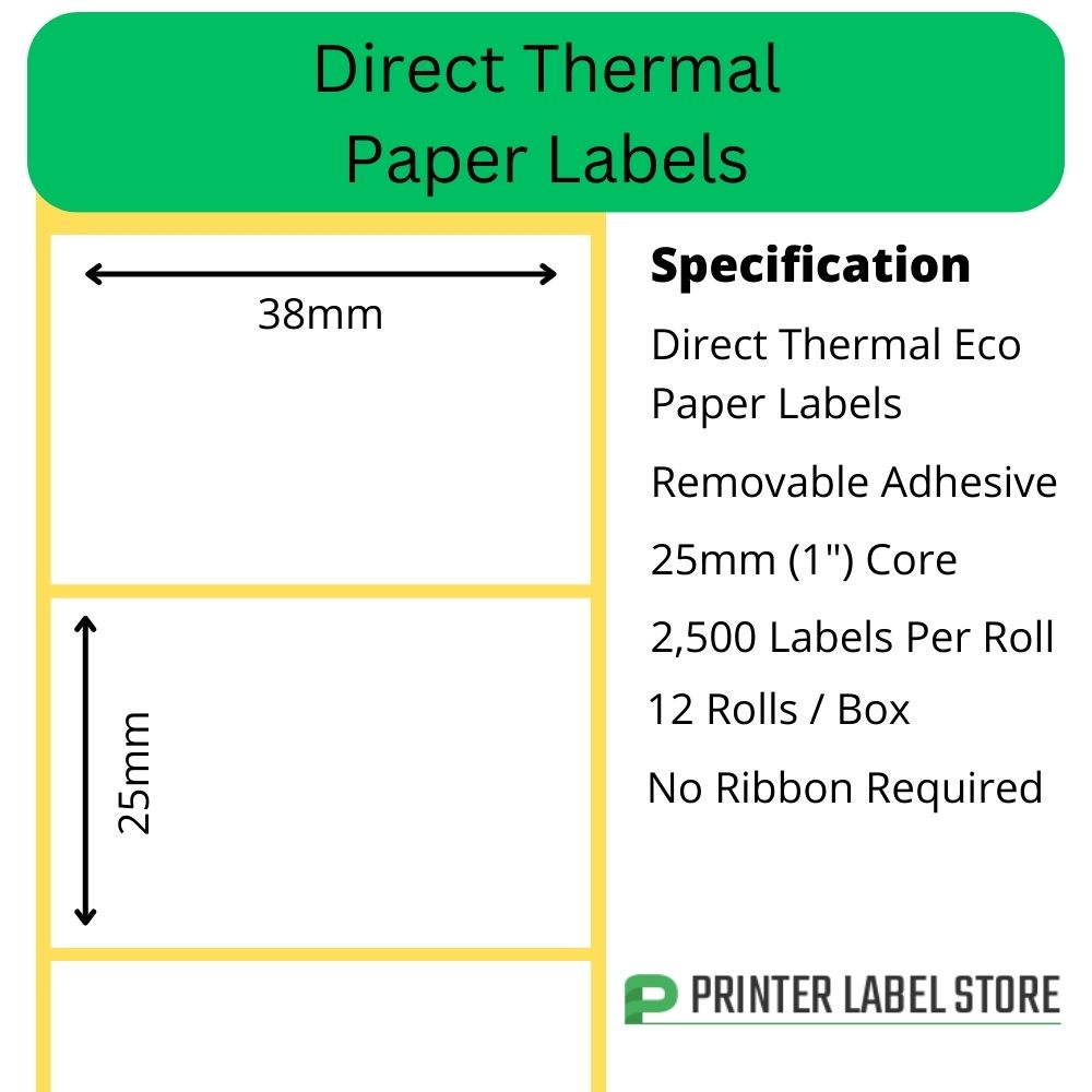38 x 25mm direct thermal labels with a removable adhesive on 25mm (1") cores for desktop direct thermal label printers
