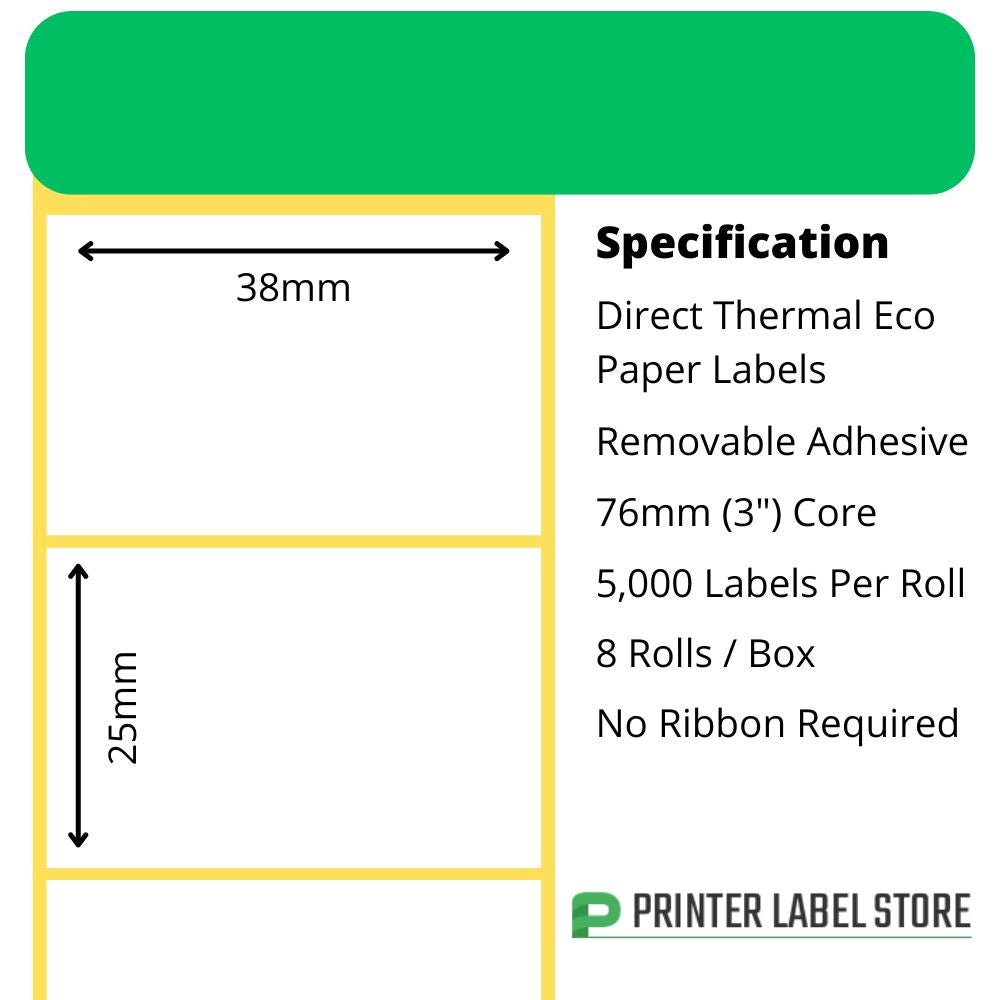 38 x 25mm direct thermal labels with a removable adhesive on 76mm (3") cores for industrial direct thermal label printers