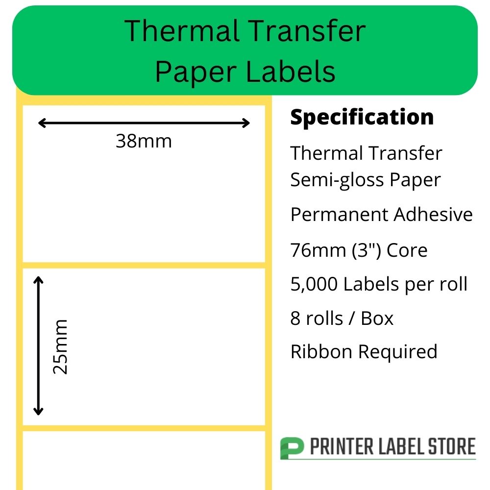 38 x 25mm Thermal Transfer Labels - Semi-Gloss Paper - Peelable Adhesive - 76mm cores