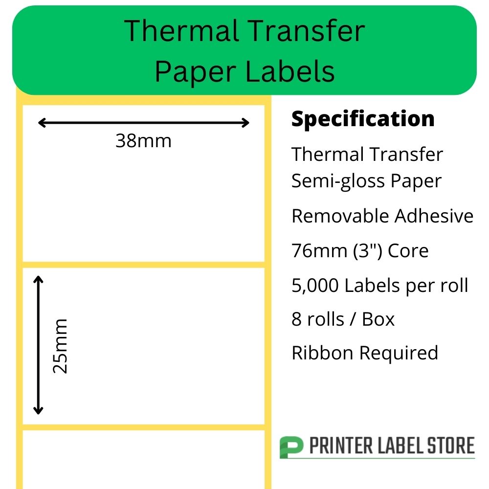 38 x 25mm Thermal Transfer Labels - Semi-Gloss Paper - Peelable / Removable Adhesive - 25mm cores