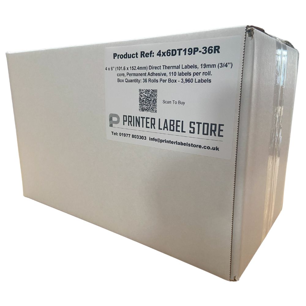 Box of 36 rolls of 4 x 6" direct thermal labels with perforation and permanent adhesive 19mm core for mobile printers.
