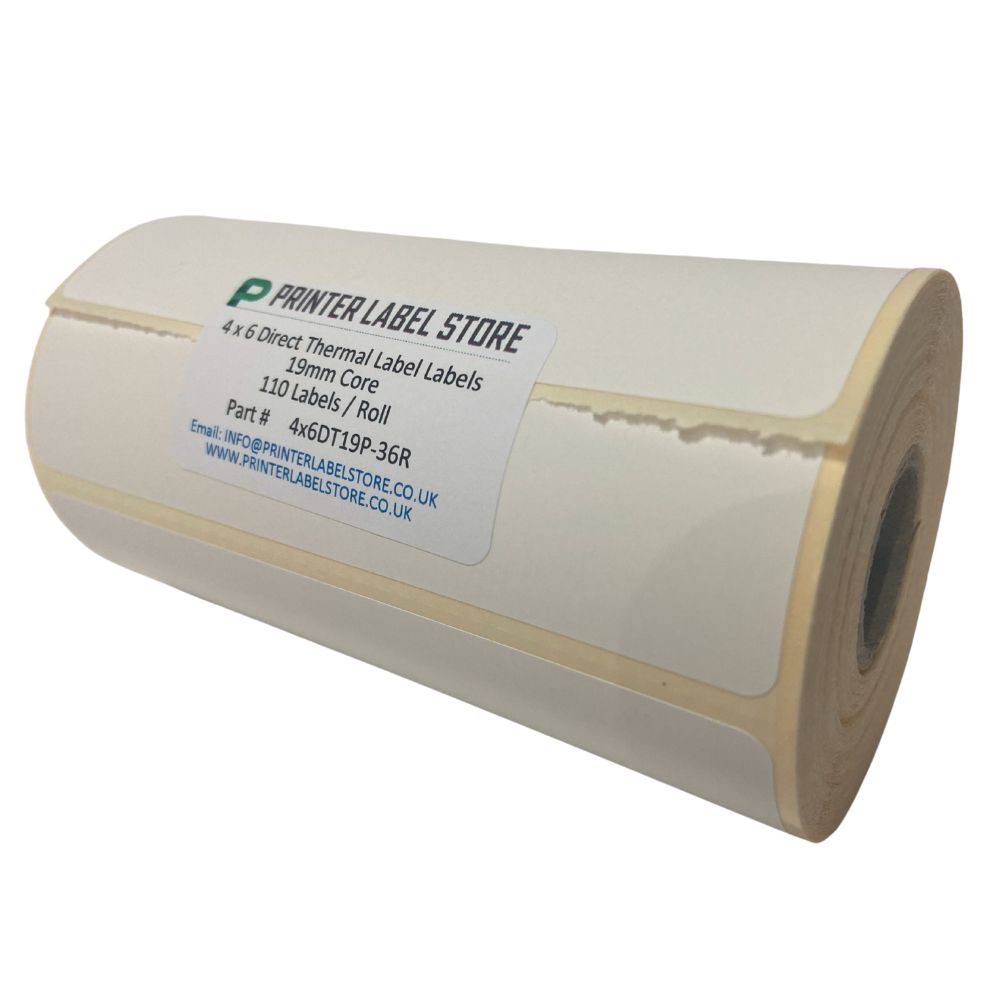 19mm core - 4 x 6" mobile printer labels. Direct Thermal with perforation and permanent adhesive. Product Re: 4x6DT19P-36R