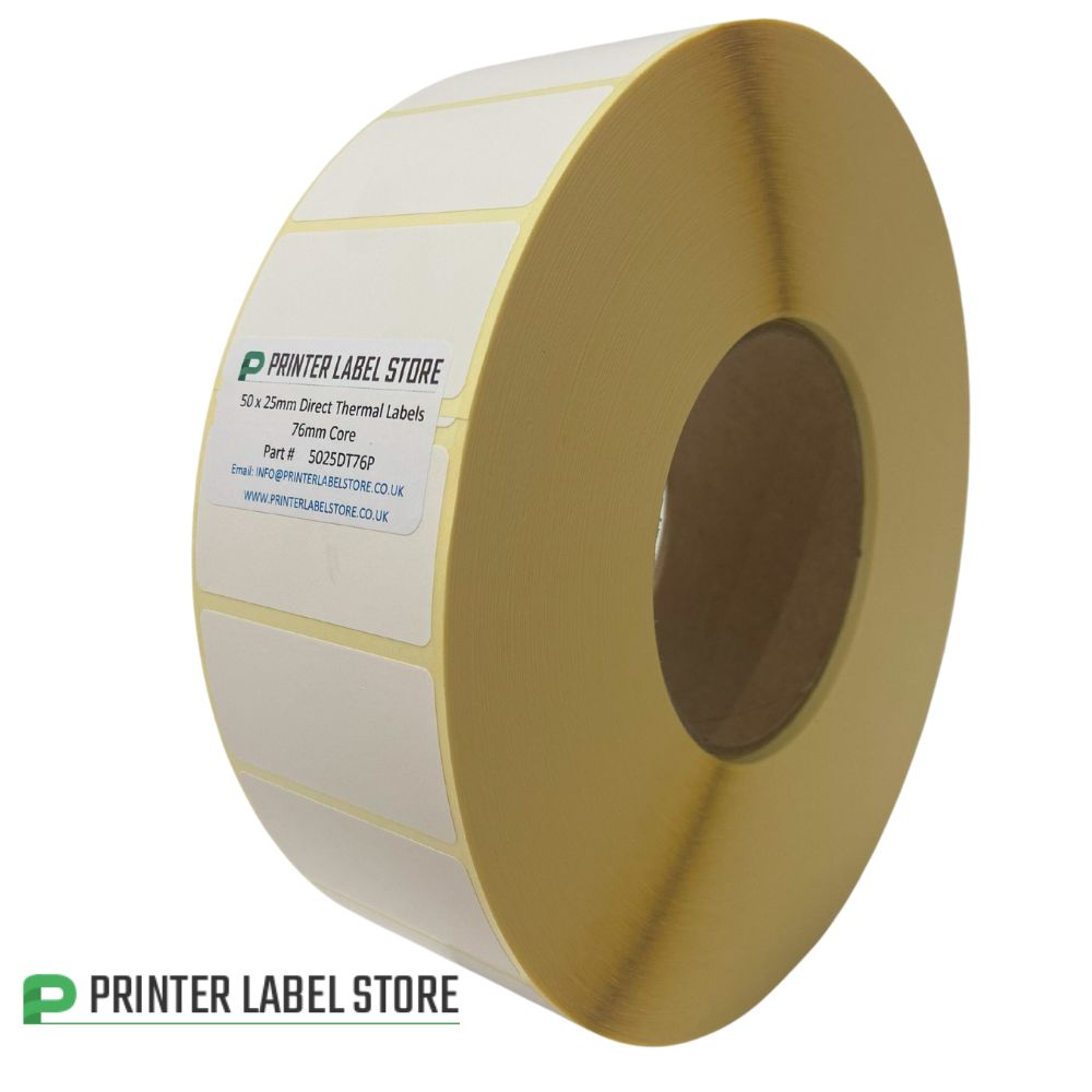 50 x 25mm Direct Thermal Labels - 40,000 Labels - 5,000 per roll - 76mm (3") core - Permanent or Removable Adhesive