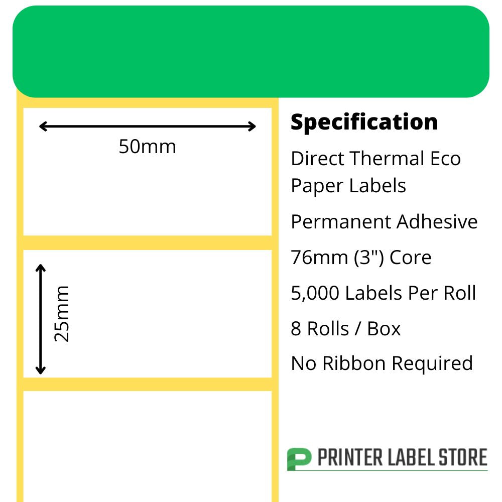 50 x 25mm direct thermal labels with a permanent adhesive on 76mm (3") cores for industrial direct thermal label printers