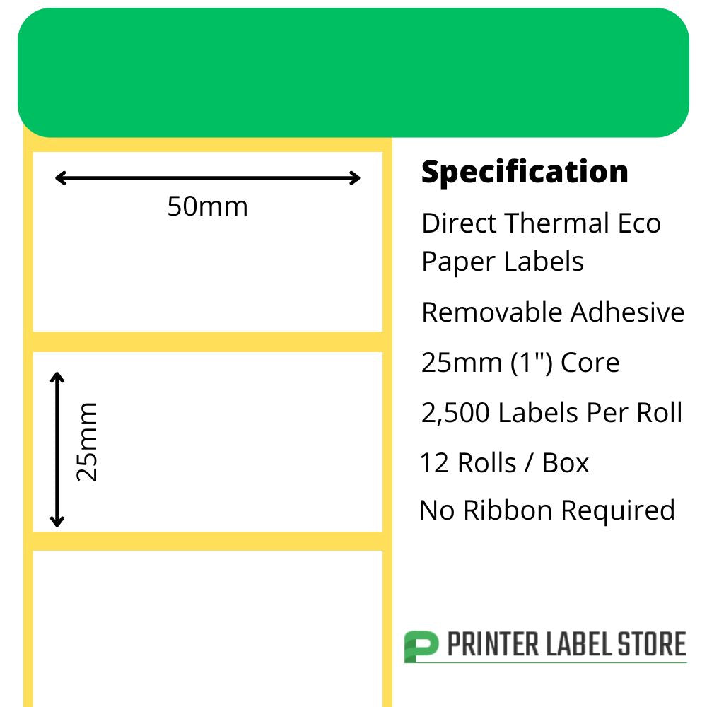 50 x 25mm direct thermal labels with a removable adhesive on 25mm (1") cores for desktop direct thermal label printers