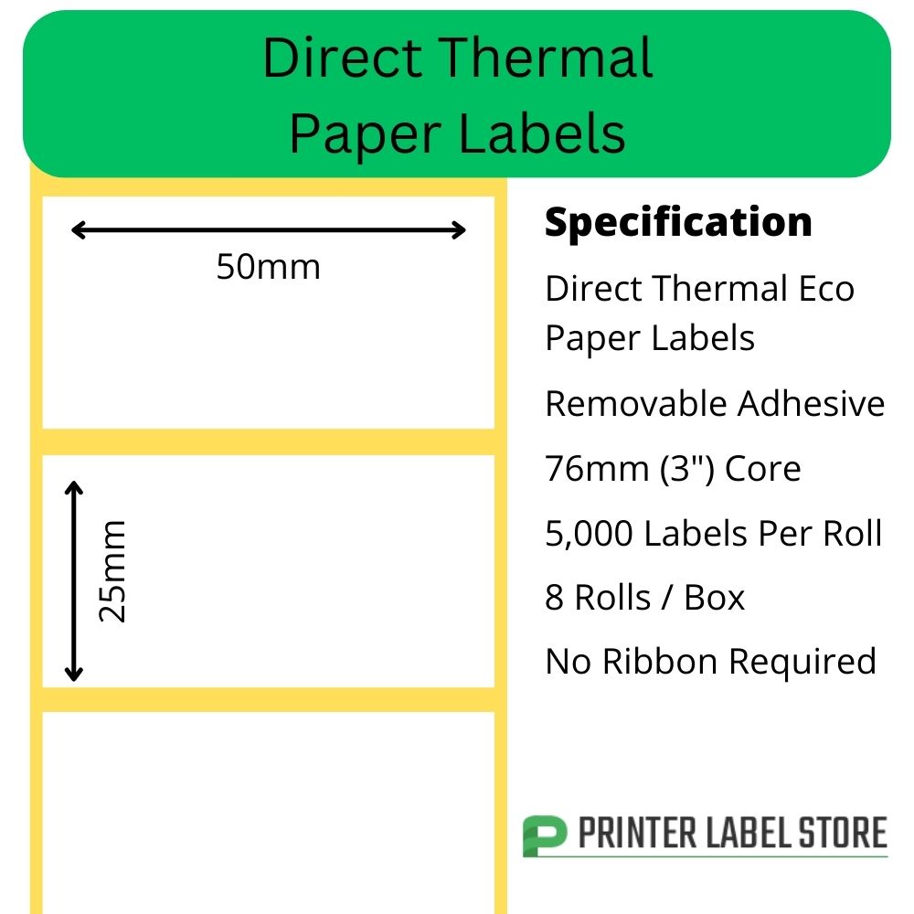 50 x 25mm direct thermal labels with a removable adhesive on 76mm (3") cores for industrial direct thermal label printers
