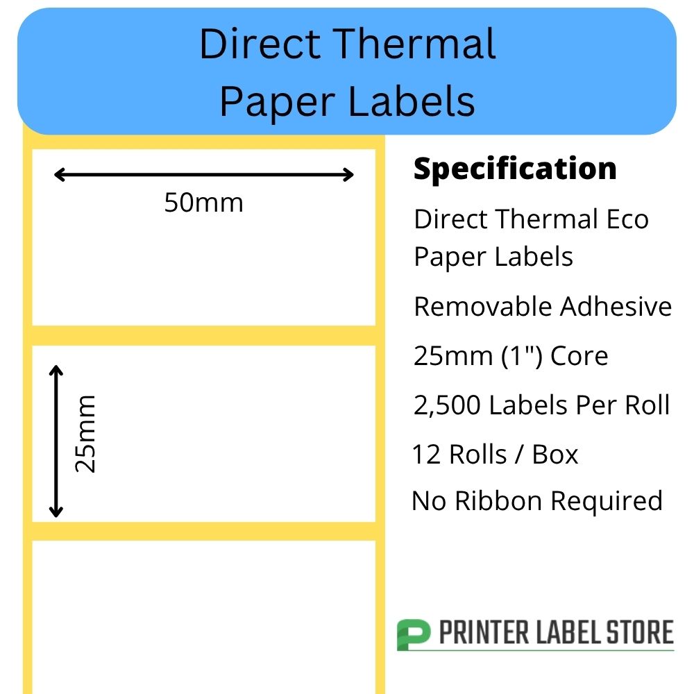 50 x 25mm direct thermal labels with a removable adhesive on 76mm (3") cores for industrial direct thermal label printers