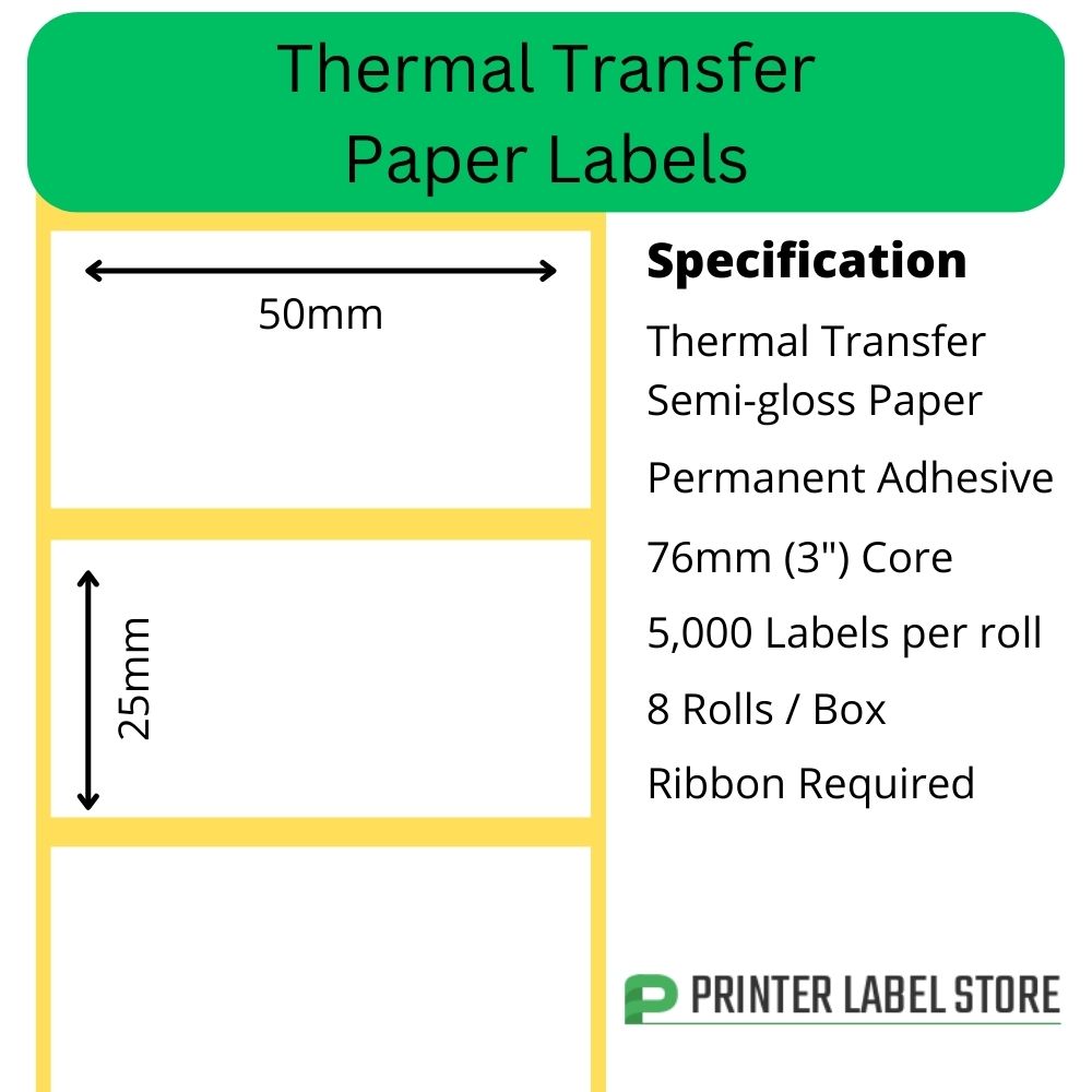 50 x 25mm Thermal Transfer Labels - Semi-Gloss Paper - Permanent Adhesive - 76mm cores