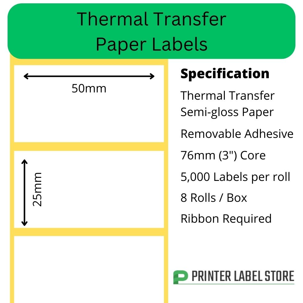 50 x 25mm Thermal Transfer Labels - Semi-Gloss Paper - Peelable / Removable Adhesive - 76mm cores