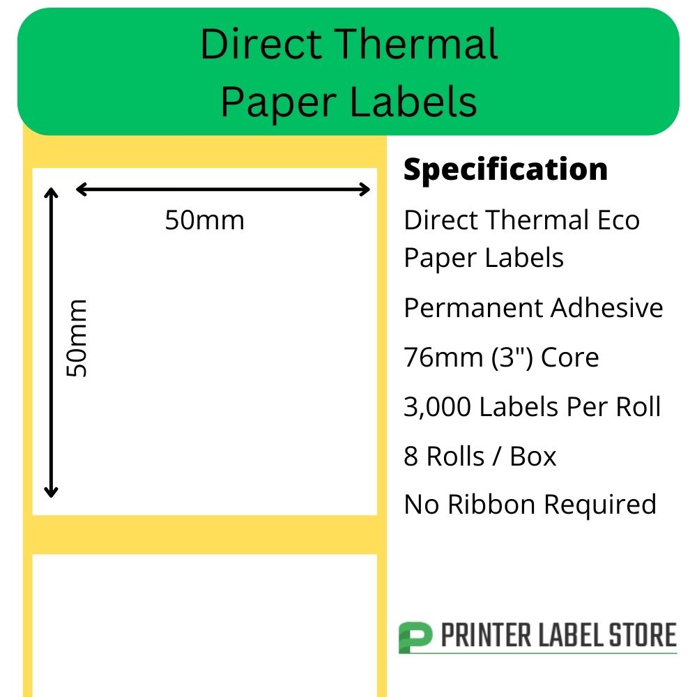 50 x 50mm direct thermal labels with a permanent adhesive on 76mm (3") cores for industrial direct thermal label printers