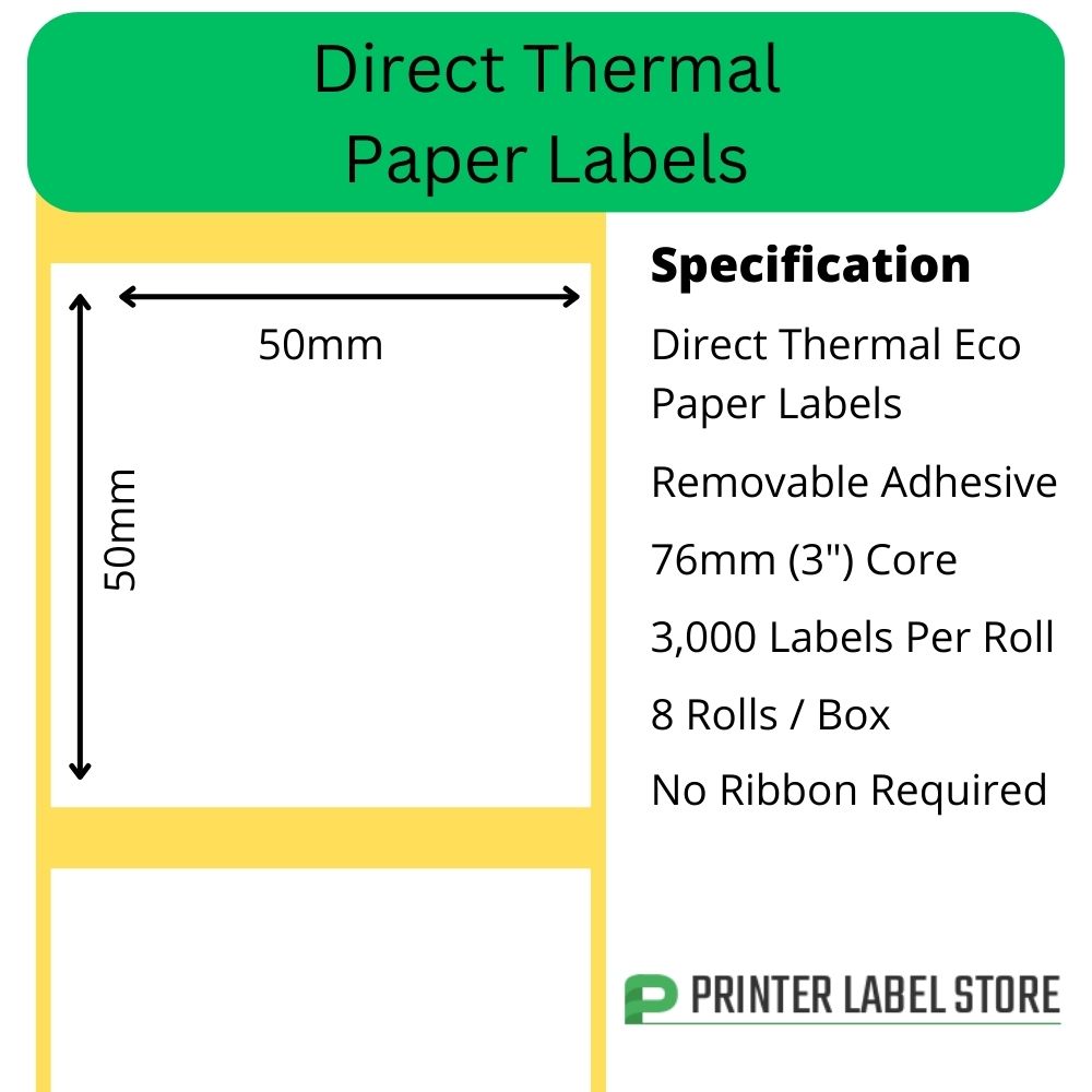 50 x 50mm direct thermal labels with a removable adhesive on 76mm (3") cores for industrial direct thermal label printers