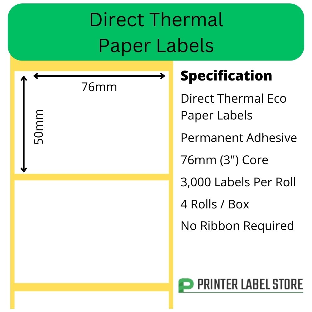 76 x 50mm direct thermal labels with a permanent adhesive on 76mm (3") cores for industrial direct thermal label printers