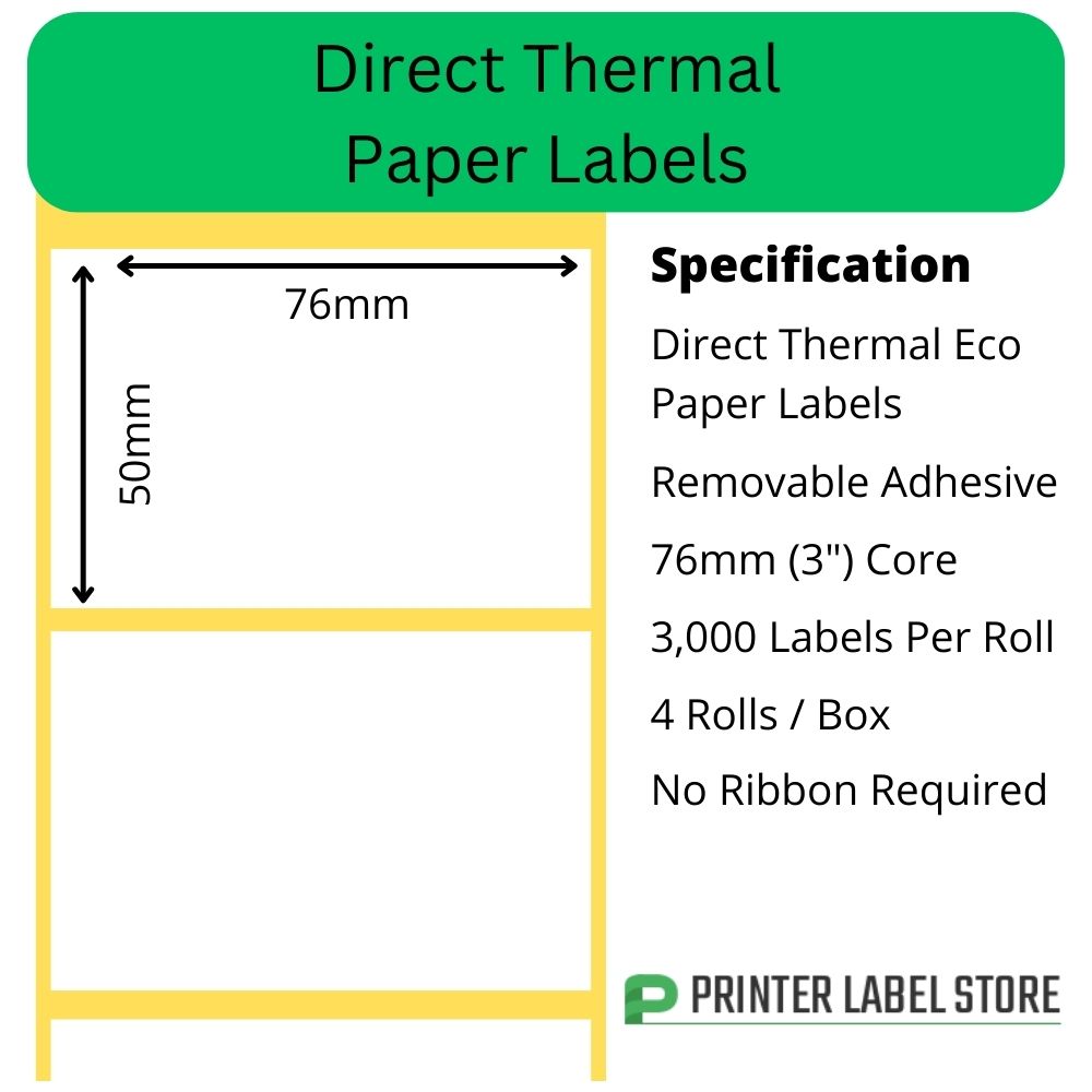 76 x 50mm direct thermal labels with a removable adhesive on 76mm (3") cores for industrial direct thermal label printers