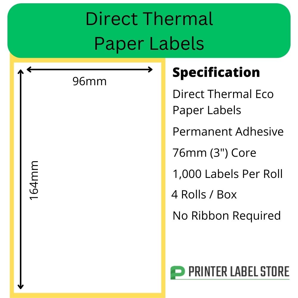 96 x 164mm direct thermal labels with a permanent adhesive on 76mm (3") cores for industrial direct thermal label printers