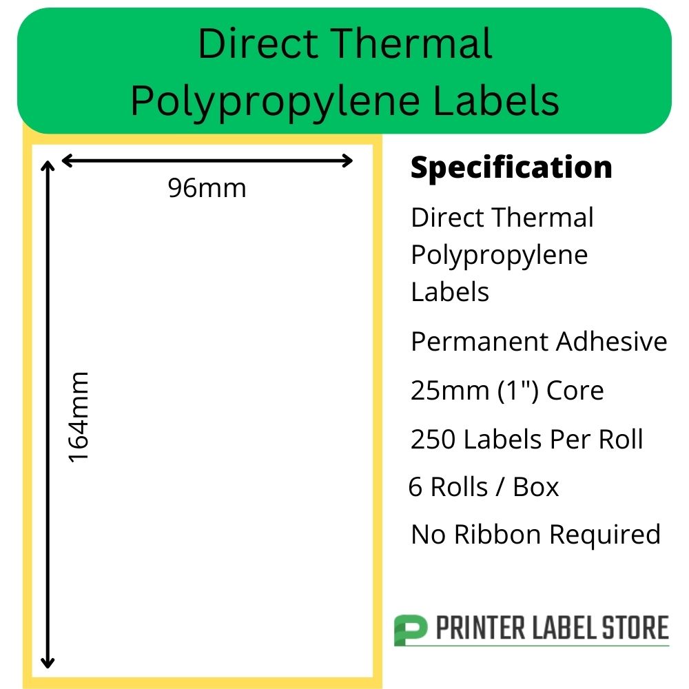 96 x 164mm Direct Thermal Polypropylene labels on 25mm (1") cores for desktop direct thermal label printers