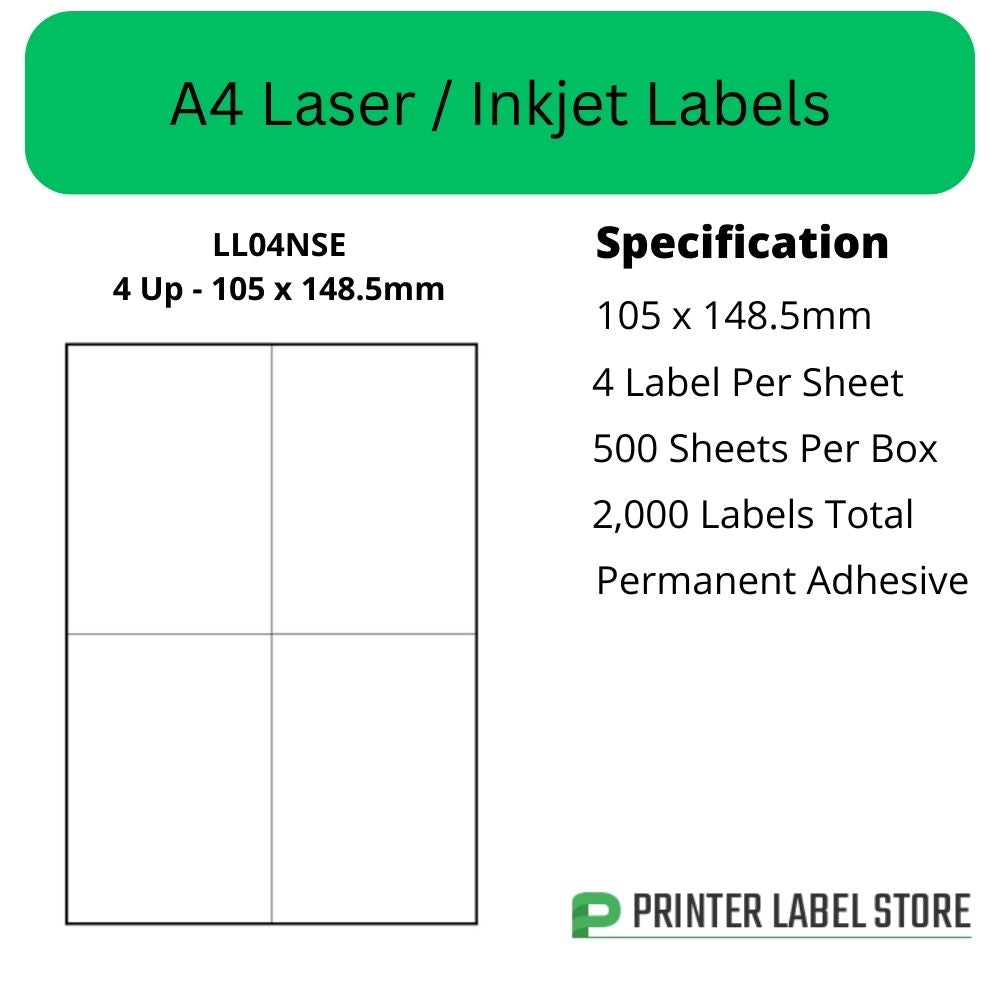 105 x 148mm - IJLL04NSE A4 Labels, 4 Labels Per Sheet - Inkjet / Laser Printer Labels & Copiers