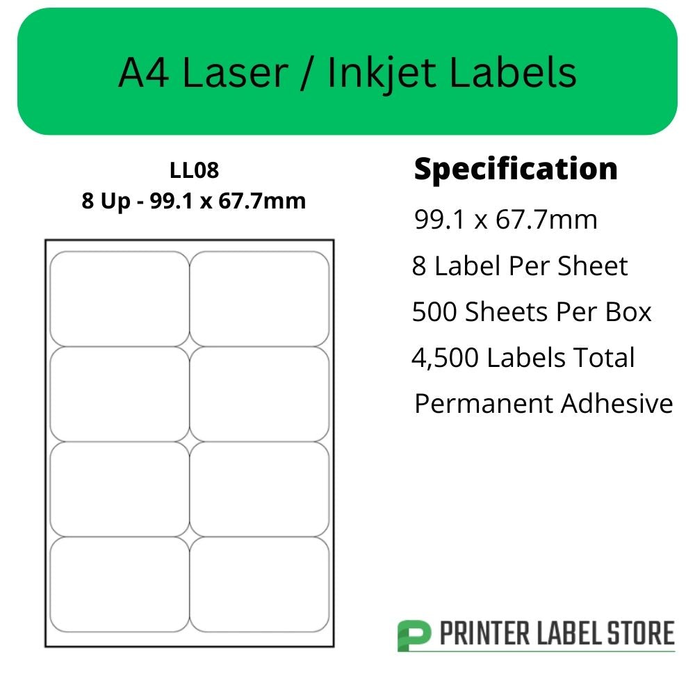 99.1 x 67.7mm - IJLL08 A4 Labels, 8 Labels Per Sheet - Inkjet / Laser Printer Labels & Copiers