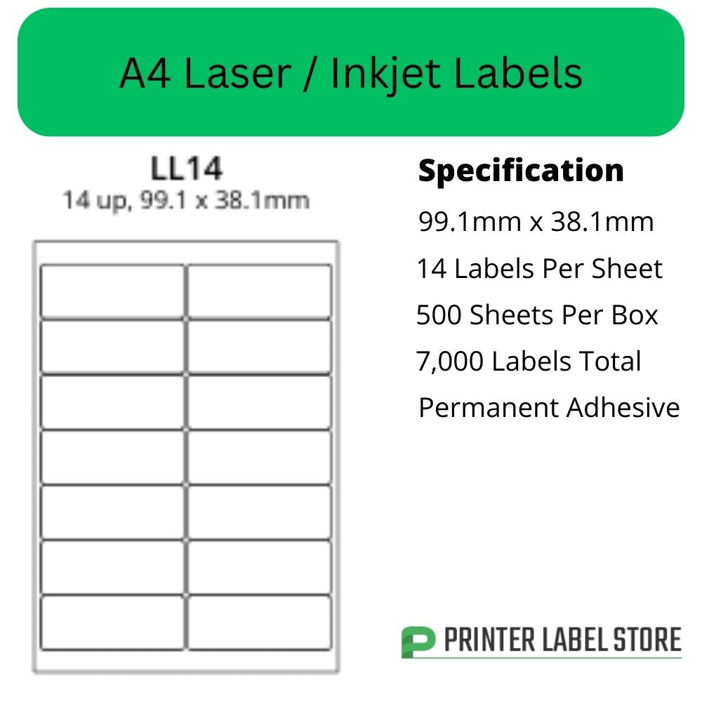 99.1 x 38.1mm - IJLL14 A4 Labels 14 Labels Per Sheet - Inkjet / Laser Labels