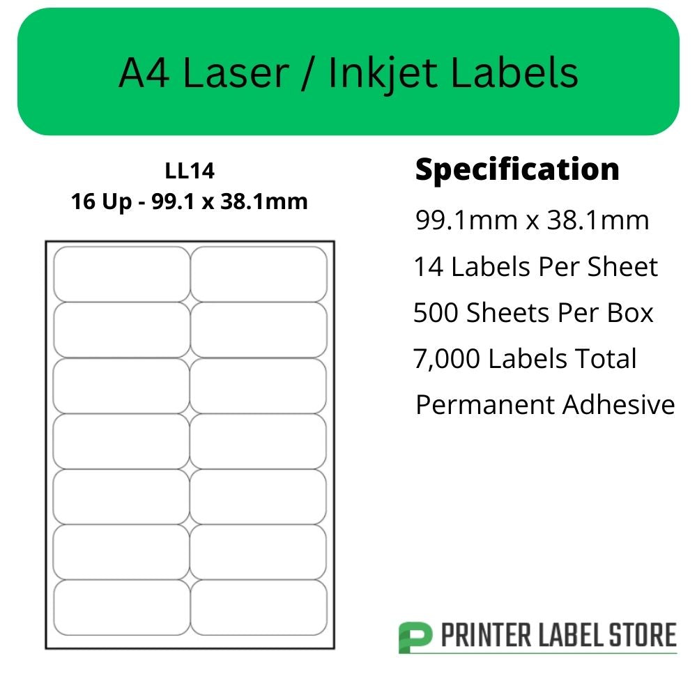 99.1 x 38.1mm - IJLL14 A4 Labels 14 Labels Per Sheet - Inkjet / Laser Printer Labels & Copiers