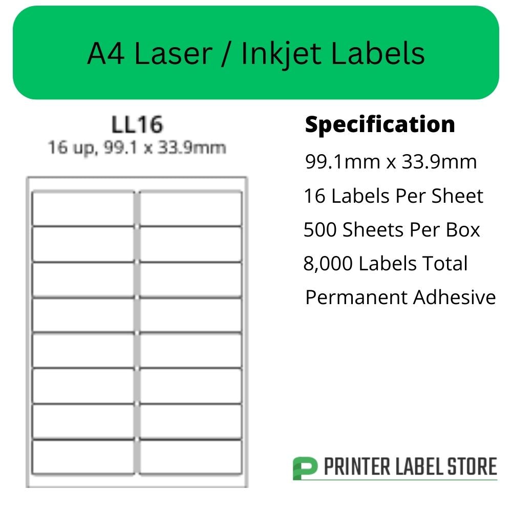 99.1 x 33.9mm - IJLL16 A4 Labels 16 Labels Per Sheet - Inkjet / Laser Labels