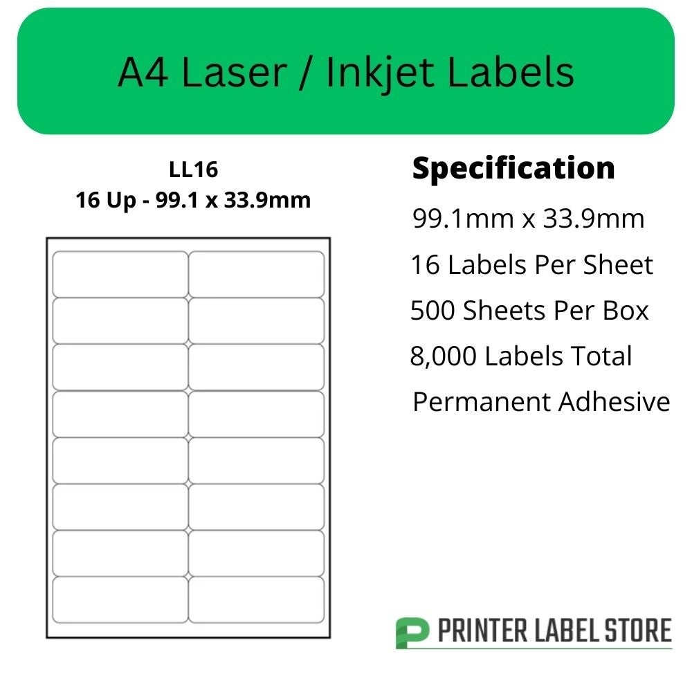 99.1 x 33.9mm - IJLL16 A4 Labels 16 Labels Per Sheet - Inkjet / Laser Printer Labels & Copiers