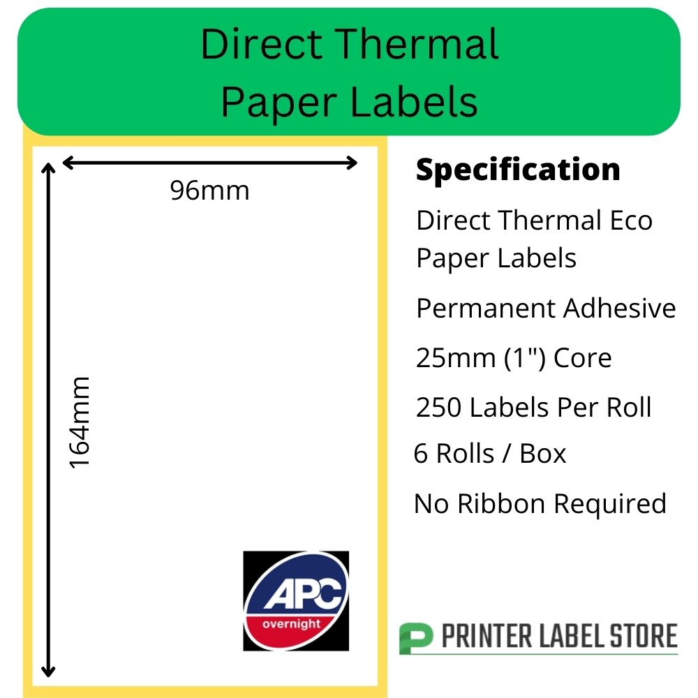 APC Overnight Courier Labels - 96 x 164mm direct thermal labels with a permanent adhesive on 25mm (1") cores for desktop direct thermal label printers