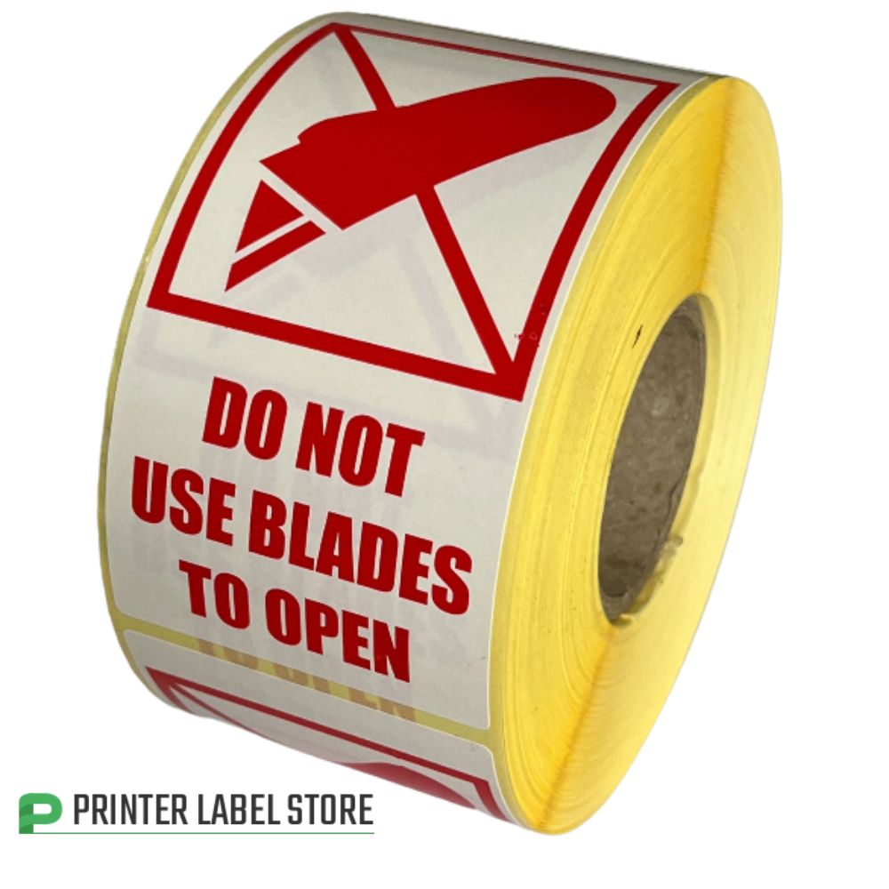 Do Not Use Blades To Open Labels supplied on rolls and measure 50 x 99mm