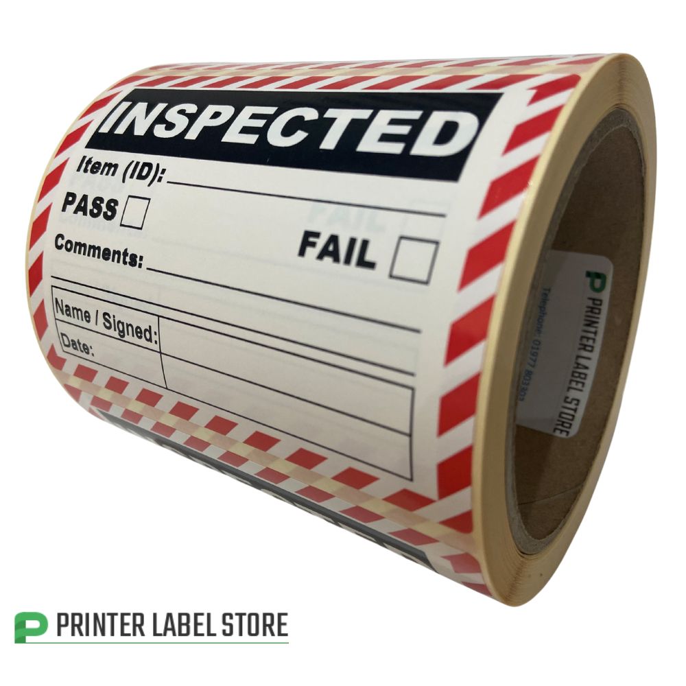 Inspected QC Labels, printed RED & Black, 100 x 75mm and are supplied on rolls of 250