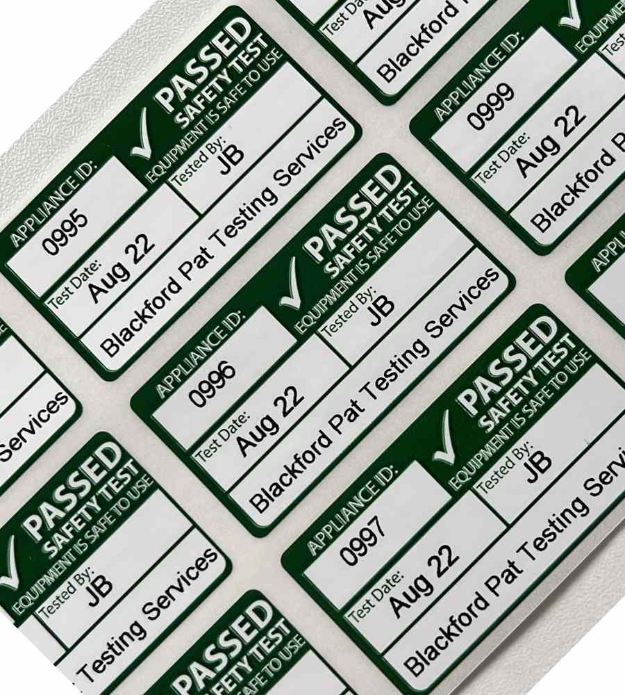 Personalied PAT Test Labels overprinted by a thermal transfer printer