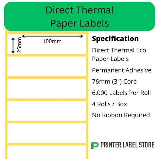 101.6 x 25.4mm Direct Thermal Labels - 76mm (3") core - Permanent adhesive for industrial label printers