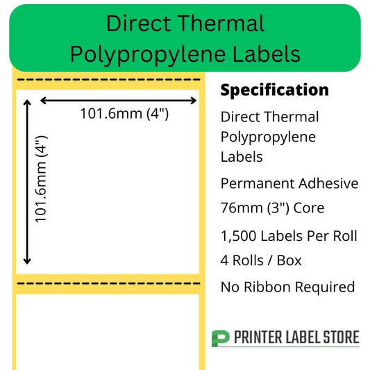 101.6 x 101.6mm thermal transfer gloss white polypropylene labels.  Manufactured on 76mm (3") cores for industrial printers