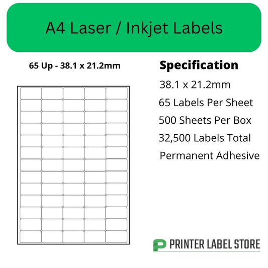 38.1 x 21.2mm - A4 Labels, 65 Labels Per Sheet - 500 Sheets Per Box