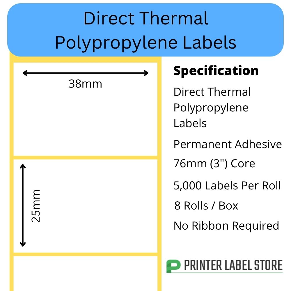 38 x 25mm Direct Thermal Polypropylene Labels - 50 x 25mm PP Labels - 76mm (3") core