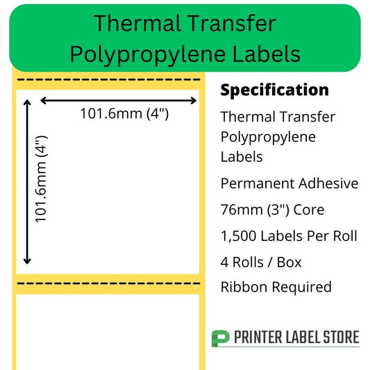 4 x 4" thermal transfer gloss white polypropylene labels.  Manufactured on 76mm (3") cores for industrial printers